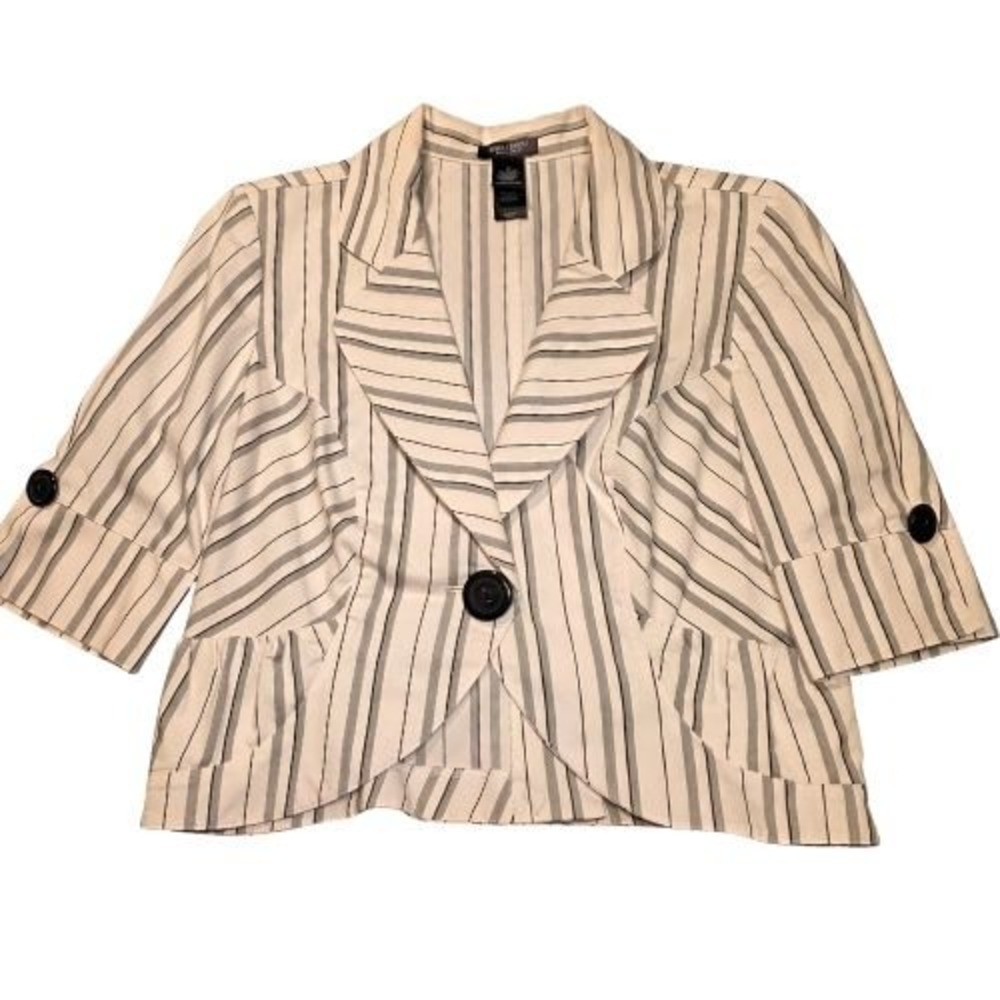 Bisou Bisou Michele Bohbot Striped Cropped Blazer White Black Size 10 Y2K Career